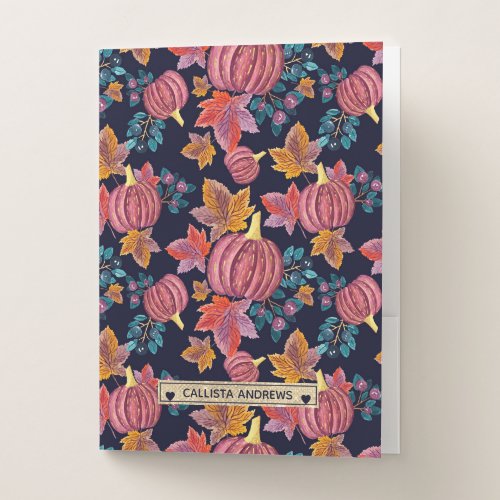 Fall Navy Pumpkin Leaves Watercolor Monogram Pocket Folder