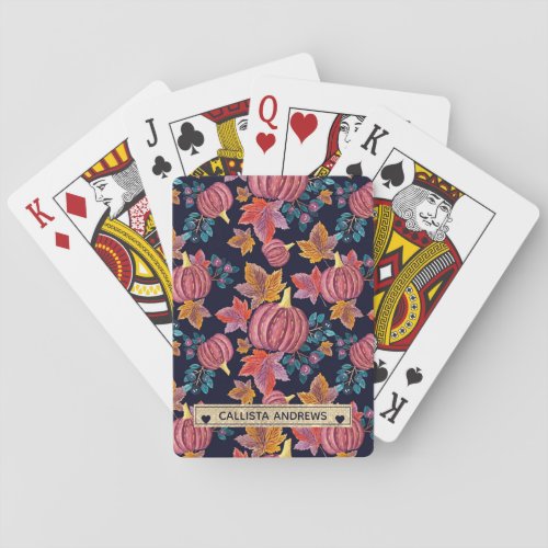 Fall Navy Pumpkin Leaves Watercolor Monogram Poker Cards