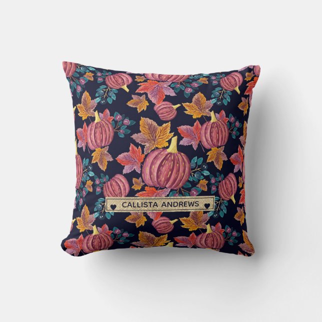 Fall Navy Pumpkin Leaves Watercolor Monogram Throw Pillow (Front)