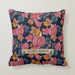 Fall Navy Pumpkin Leaves Watercolor Monogram Throw Pillow