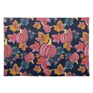 Fall Navy Pumpkin Leaves Watercolor Pattern Cloth Placemat