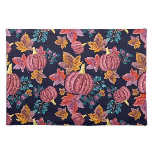 Fall Navy Pumpkin Leaves Watercolor Pattern Cloth Placemat