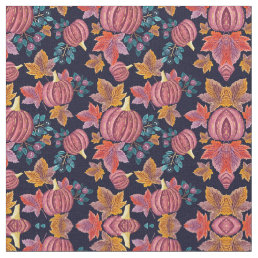 Fall Navy Pumpkin Leaves Watercolor Pattern Fabric