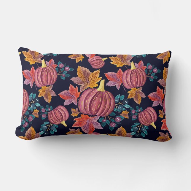 Fall Navy Pumpkin Leaves Watercolor Pattern Lumbar Pillow (Front)