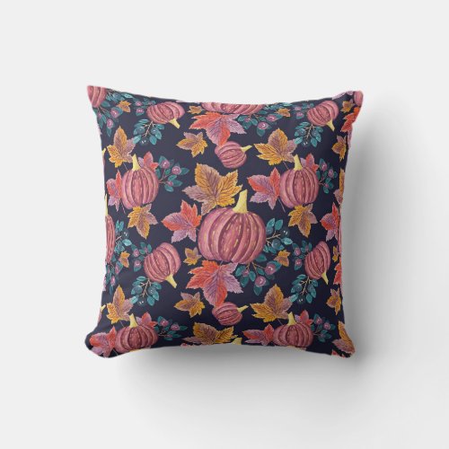 Fall Navy Pumpkin Leaves Watercolor Pattern Outdoor Pillow