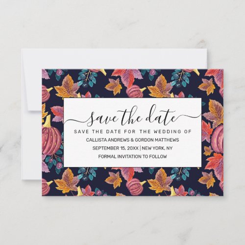 Fall Navy Pumpkin Leaves Watercolor Pattern Save The Date