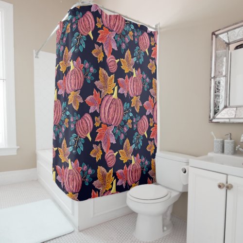 Fall Navy Pumpkin Leaves Watercolor Pattern Shower Curtain