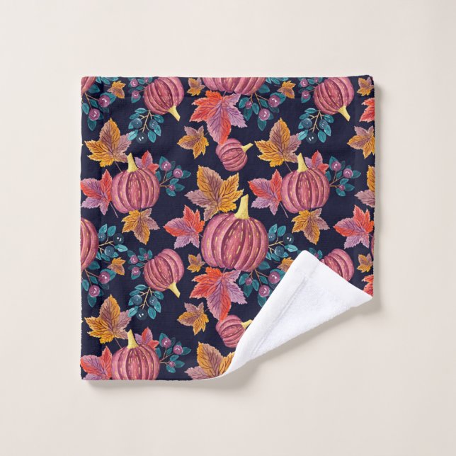 Fall Navy Pumpkin Leaves Watercolor Pattern Wash Cloth (Wash Cloth)