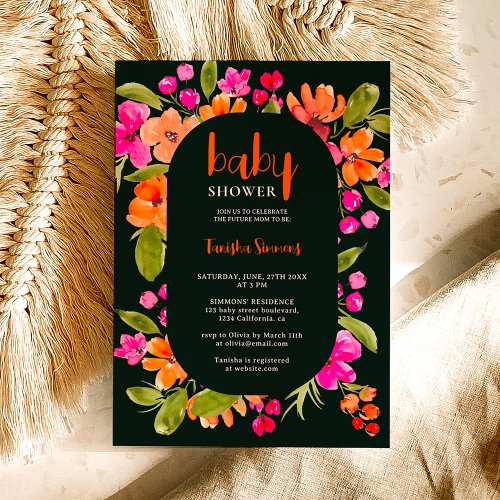 Fall neutral orange pink floral script baby shower invitation
