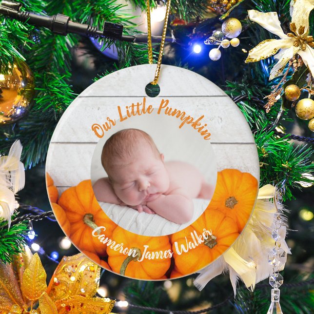 Fall Newborn Photo Baby Pumpkin Double Sided Gift Ceramic Ornament (Creator Uploaded)