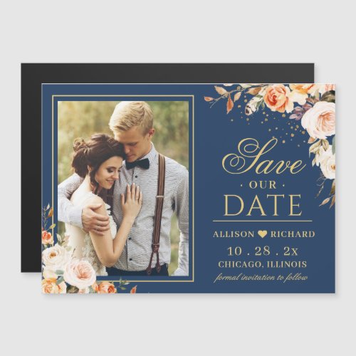 Fall Night Gold Floral Photo Save the Date Magnet - Autumn Floral Gold Geometric Save the Date Magnet Magnetic Card