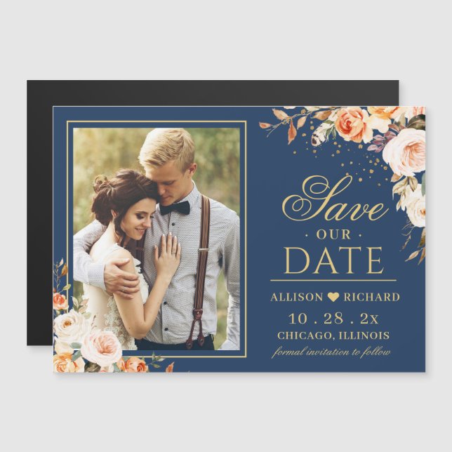 Fall Night Gold Floral Photo Save the Date Magnet (Front/Back)