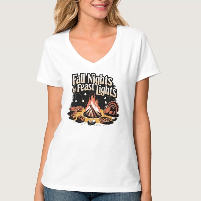 Fall Nights and Feast Lights Thanksgiving Campfire T-Shirt (Front)