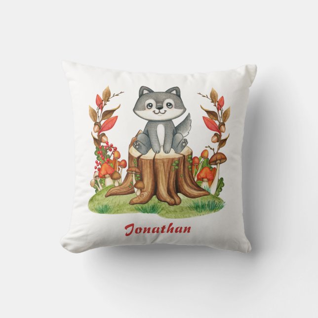 Fall Nursery Decor Cute Little Baby Wolf Autumn Throw Pillow (Front)