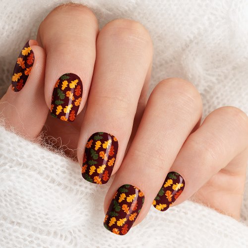 Fall Oak Leaves On Burgundy Autumn Nail Wraps