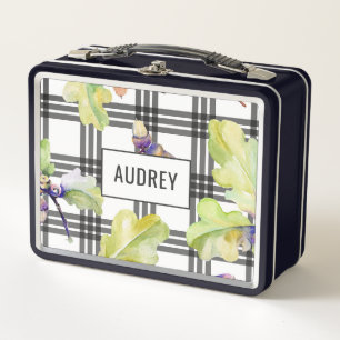 Fall Oak Leaves & Plaid Customizable Metal Lunch Box