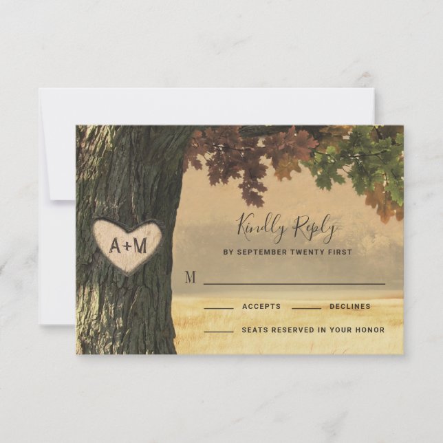 Fall Oak Tree Country Rustic Wedding RSVP Cards (Front)