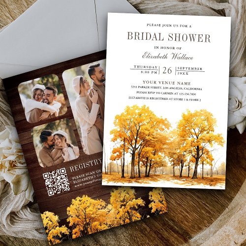 Fall Oak Trees Photo QR Code Bridal Shower Invitation