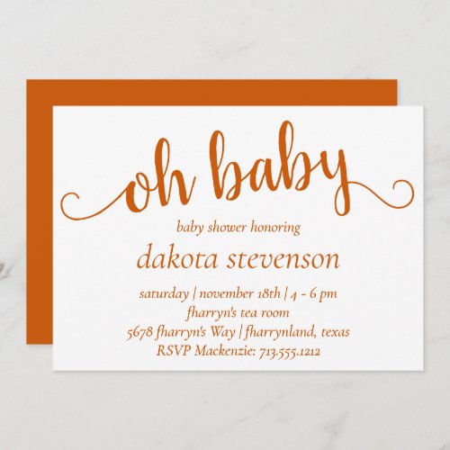 Fall Oh Baby Shower  Autumn Burnt Orange Script Invitation