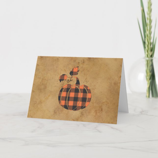 Fall Orange And Black Plaid Autumn Pumpkin Card (Front)