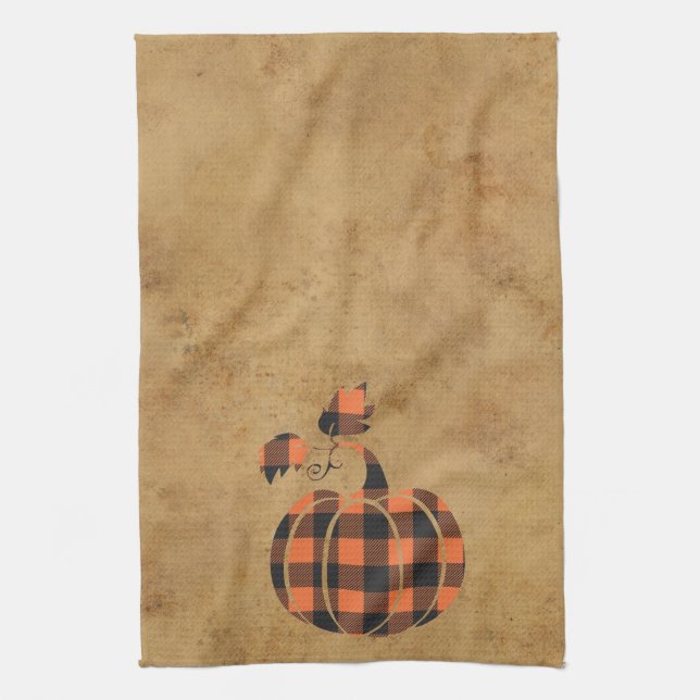 Fall Orange And Black Plaid Autumn Pumpkin Kitchen Towel (Vertical)