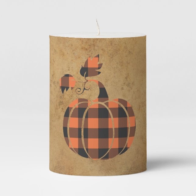 Fall Orange And Black Plaid Autumn Pumpkin Pillar Candle (Front)