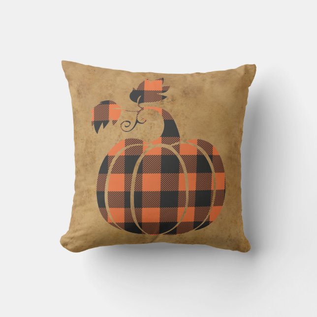 Fall Orange And Black Plaid Autumn Pumpkin Throw Pillow (Front)