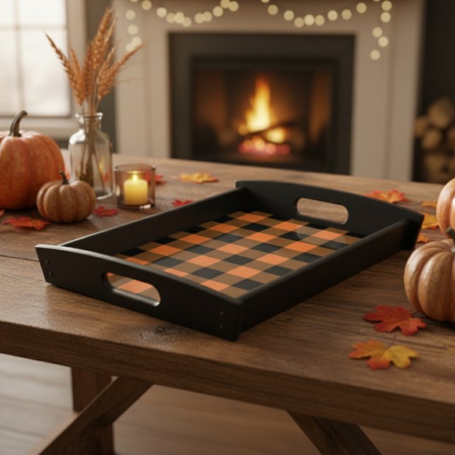 Fall Orange and Black Plaid Holiday Serving Tray (Fall Orange and Black Plaid Serving Tray - Perfect for the Autumn Season or Thanksgiving Holiday.)