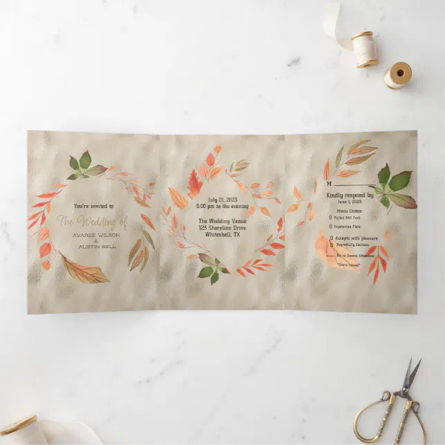 Fall Orange and Yellow Leaves Tri-Fold Invitation | Zazzle