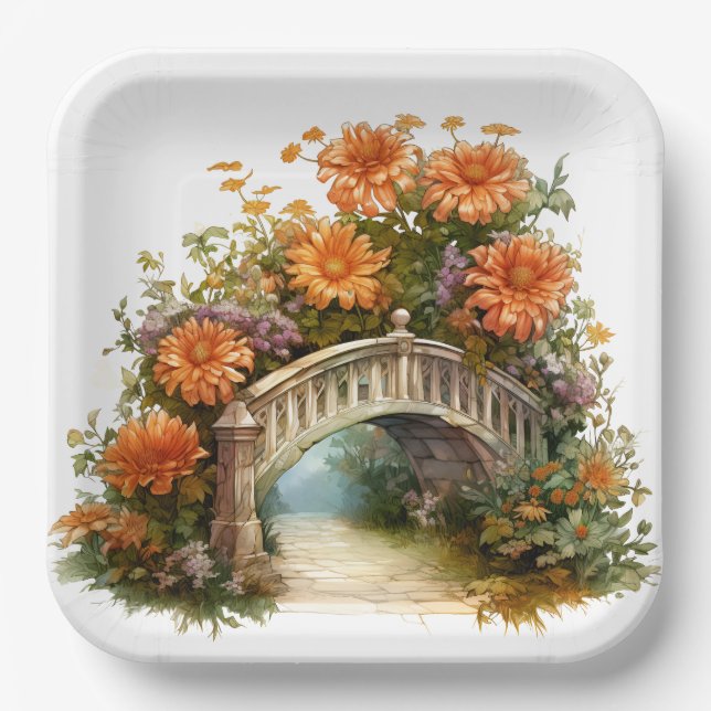 FALL ORANGE ASTER FLOWERS IN SCENES PAPER PLATES (Front)