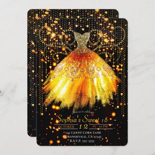 Fall Orange Black Gold Glitter Dress Sweet 16 Invitation