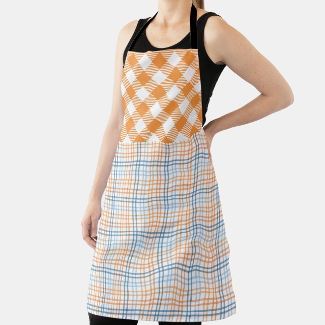 FALL ORANGE BLUE WHITE AUTUMN PLAID PATTERNS APRON (Insitu)