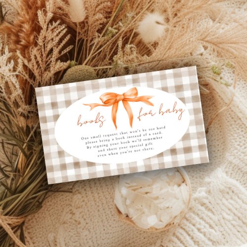 Fall orange bow gingham baby shower books for baby enclosure card
