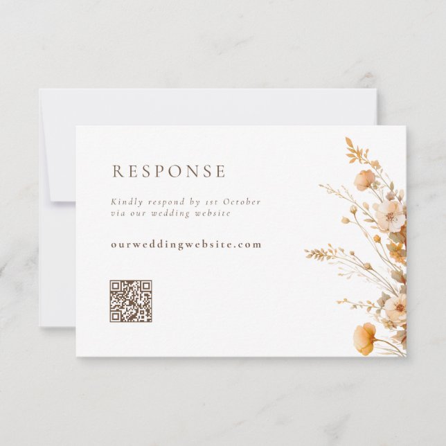  Fall Orange & Brown Wildflowers QR Codem Wedding RSVP Card (Front)