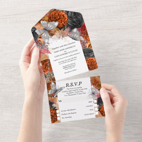 Fall orange butterfly chic shimmer glitter rose   all in one invitation