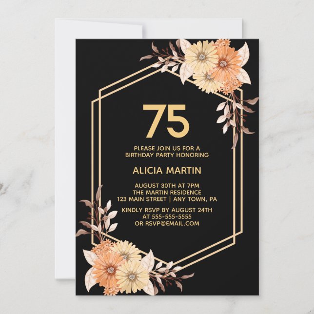Fall Orange Flower Gold Black Adult Birthday Invitation (Front)