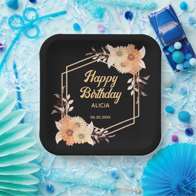 Fall Orange Flower Gold Black Happy Birthday Paper Plates (Party)