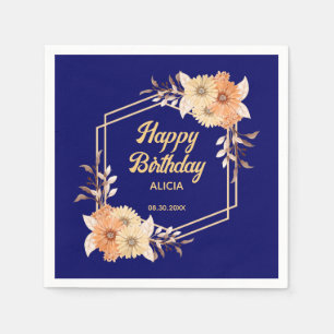 Fall Orange Flower Gold Navy Blue Happy Birthday Napkins