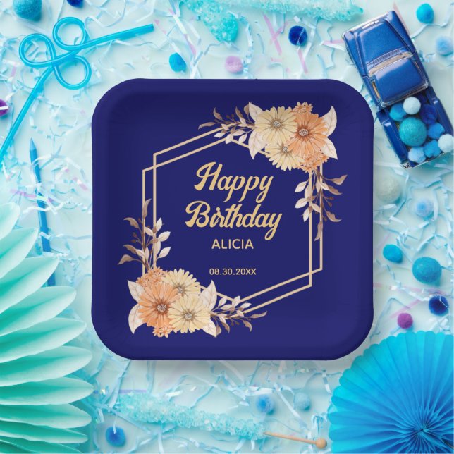 Fall Orange Flower Gold Navy Blue Happy Birthday Paper Plates (Party)