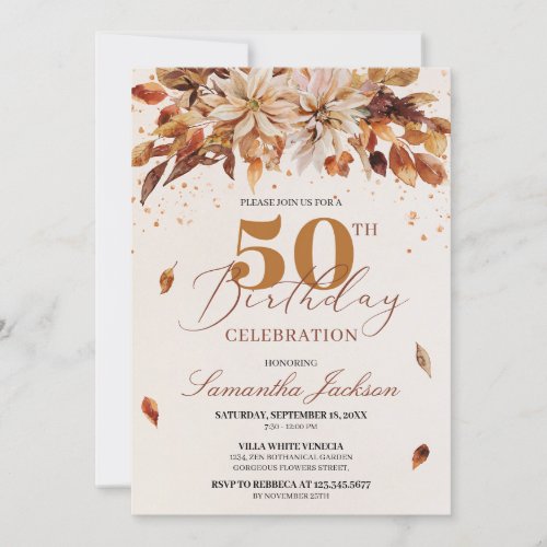 Fall Orange Flowers Marigold Cooper 50th Birthday Invitation