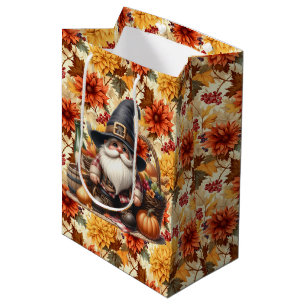 Fall Orange Flowers With Thanksgiving Gnome Medium Gift Bag