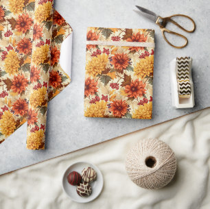 Fall Orange Flowers Wrapping Paper