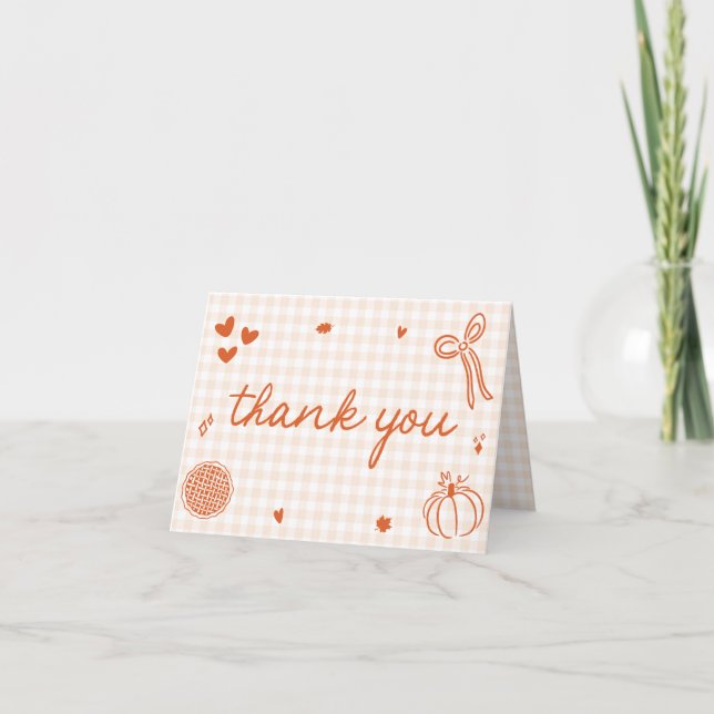 Fall Orange Gingham Hand Drawn Bow Thank You Card (Front)