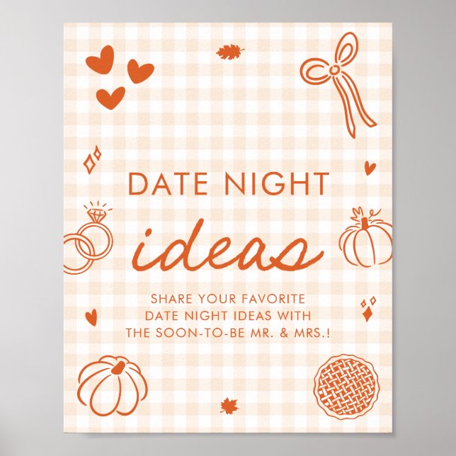 Fall Orange Gingham Hand Drawn Date Night Ideas Poster (Front)