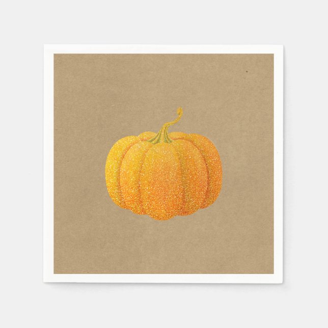 Fall Orange Glittered Glitter Autumn Pumpkin Kraft Paper Napkins (Front)