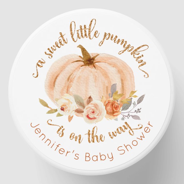 Fall orange gold little pumpkin is on the way mini candle favors (Front)