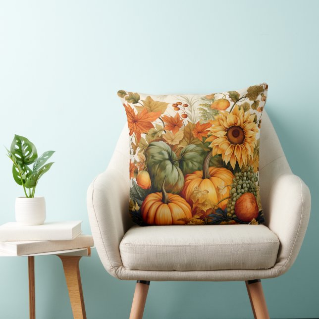 FALL ORANGE & GREEN PUMPKINS AND SUNFLOWER FLOWERS THROW PILLOW (Chair)