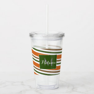 Fall Orange Green Stripes Monogram Custom Acrylic Tumbler