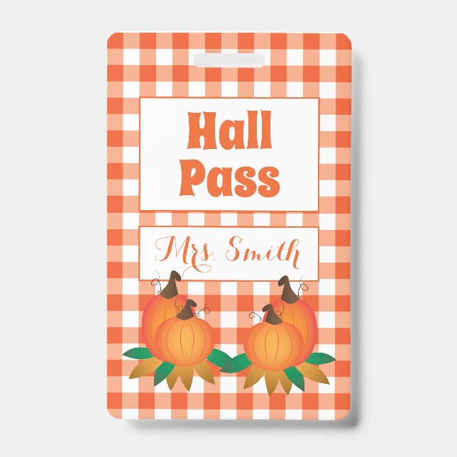 Fall orange Hall Pass with Name Badge (Front)