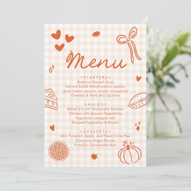 Fall Orange Hand Drawn A Little Cutie Pie Menu Invitation (Standing Front)